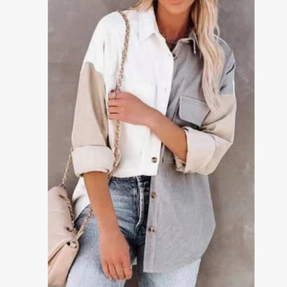 ACOA Women's Corduroy Colorblock Oversized Shirt Shacket Size M Oversized EUC - Picture 14 of 14